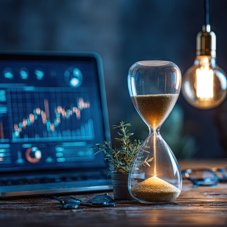 An hourglass, a laptop displaying financial charts, and a lightbulb are presented in this image. The composition features a wooden surface and soft lighting, suggesting an indoor setting. It may be suitable for financial, business, or technology-related publications and marketing materials.の素材