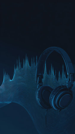 A pair of headphones rest against a blue sound wave graphic. The image uses a dark blue color palette with highlights. The composition features a vertical orientation with soft lighting. Potential uses include promotional materials for audio products or visual representation of music concepts.の素材