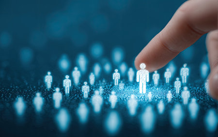 An illustration depicts a hand selecting a glowing figure from a group of similar icons. The image uses a cool blue palette, with soft lighting and a shallow depth of field. This conceptual image is suitable for various applications, including recruitment materials, business presentations, or articles on human resources.の素材