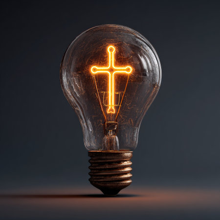 A close-up image showcases a lightbulb with a cross-shaped filament. The cross glows brightly against a dark background, suggesting ideas of faith and enlightenment. The composition features soft lighting and a focus on the central subject. This visual concept could be employed in designs for religious or inspirational content.の素材