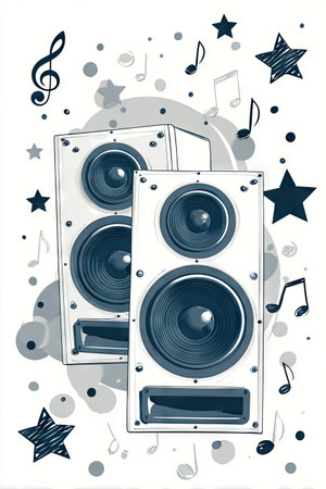 This illustration showcases two stylized speakers with dark blue elements against a white backdrop. Musical notes and stars of varying sizes surround the speakers. The design employs a clean, graphic style, suitable for various editorial and commercial applications. The composition suggests an isolated environment, perfect for creative projects.の素材