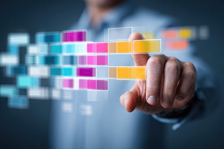 A person's hand touches a set of digital rectangles, indicating data interaction. The image showcases a modern, blurred background with various colored blocks, creating a sense of technology and connectivity. This visual could be used in presentations, articles, or marketing campaigns related to digital transformation.の素材