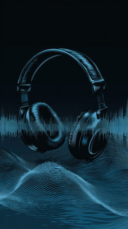 An image showcases a pair of headphones with an integrated sound wave pattern, rendered with shades of blue. The composition highlights audio and music themes, with a focus on abstract lines suggesting sonic vibrations. The graphic's dark background suggests potential uses for design, advertising, and editorial content.の素材