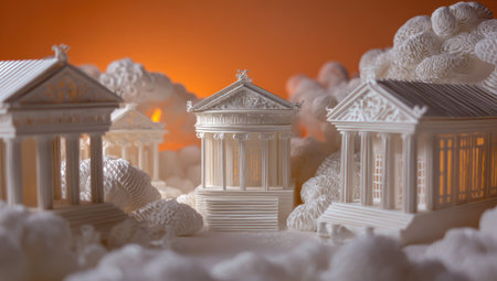 The image showcases miniature temples set against a backdrop of clouds and an orange gradient. The structures exhibit classical architectural features and are rendered in a monochromatic palette. The composition is well-lit, providing depth, and the overall style suggests a symbolic or conceptual theme, ideal for various editorial and commercial applications.の素材