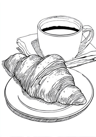 An ink illustration showcases a croissant and a coffee cup on a plate. The detailed drawing highlights textures and forms using monochrome lines. The scene suggests a breakfast setting, possibly indoors. Suitable for commercial projects or editorial content relating to food and beverages.の素材