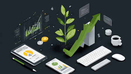 An isometric illustration depicts financial growth using charts, a green arrow, and a plant. The scene incorporates mobile devices and a keyboard. Colors range from green to black. This creative visual suggests themes of business, technology, and economic progress, ideal for various commercial and editorial applications.の素材