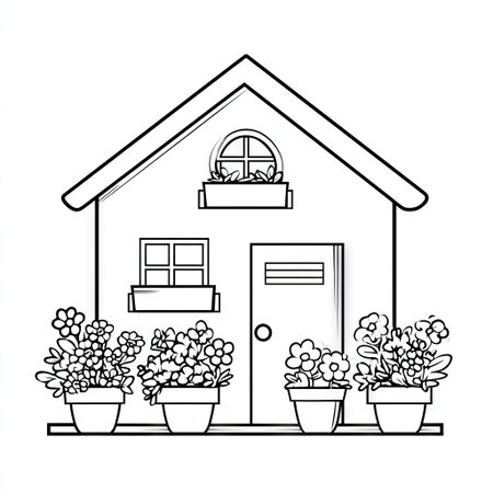 A detailed black and white illustration presents a house adorned with multiple flower pots. The image showcases a linear style with clean lines, emphasizing architectural elements and floral details. The composition may be suitable for various design projects, including educational resources or creative content needing a simple aesthetic.の素材