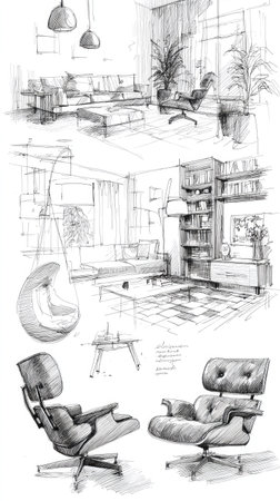 This image features detailed sketches of interior design concepts. The drawings depict various modern living room layouts with furniture arrangements, including sofas, chairs, and decorative elements. The grayscale tones create a sense of depth and form. Suitable for commercial and editorial applications, showcasing design ideas.の素材