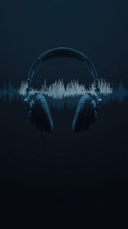 This image showcases headphones with a sound wave overlay, representing audio technology and music. The composition features a gradient background with varying shades of blue. It uses a modern digital art style, suggesting potential applications in advertising, music production, or technology-related content.の素材