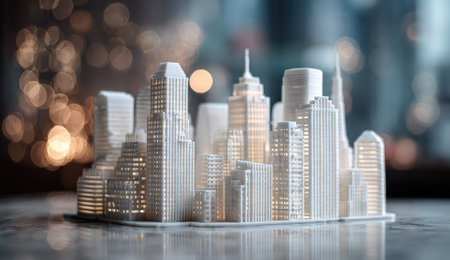 A close-up view presents a miniature cityscape model, showcasing numerous detailed skyscrapers. The predominantly white structures are accented by subtle lighting, suggesting an evening or nighttime setting. This architectural representation could be suitable for various commercial uses, including illustrations of urban planning or design.の素材
