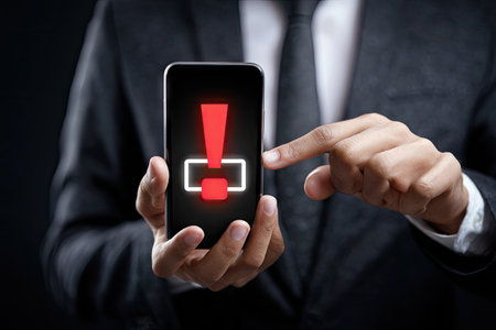 A person in a business suit holds a smartphone displaying a low battery alert with a red exclamation mark. The image features a dark background, highlighting the device and the visual concept. Suitable for illustrating technology, communication, or energy-related topics. Useful for various commercial and editorial projects.の素材