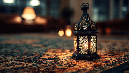 An ornamental lantern with elaborate patterns rests upon a detailed rug. The scene is illuminated by soft, warm light emanating from within the lantern and other sources. The composition uses a shallow depth of field, emphasizing the lantern. It could be used for various purposes like design, decoration, or cultural presentations.の素材