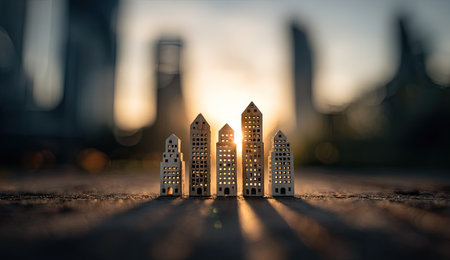 A row of miniature buildings is set against the backdrop of a setting sun, creating a silhouette effect. The composition uses soft focus and shallow depth of field, with warm tones dominating. It gives a sense of scale and offers a conceptual image suitable for various commercial uses.の素材