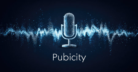 An illustration features a microphone with an audio waveform emanating from it, all set against a dark blue background. The image uses digital art techniques, with a focus on light and shadow to create a sense of depth. This imagery is suitable for various commercial uses related to audio production or podcasting.の素材
