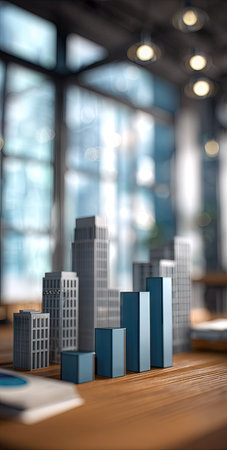 A close-up view presents a miniature cityscape model, composed of building and bar graph shapes, resting on a wooden desk. The scene features soft lighting, suggesting an office environment. The image uses shallow depth of field, with soft background elements. Suitable for illustrating business, finance, or urban planning concepts.の素材