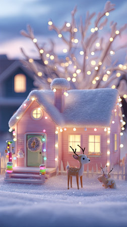 This image depicts a miniature pink house covered in snow, decorated with festive lights. Reindeer figures stand in front. The composition features a blurred background, suggesting a winter environment, possibly at dusk. This picture is suitable for holiday-themed marketing, advertising materials, and editorial illustrations.の素材