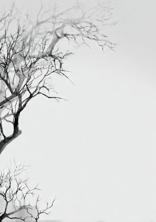 An ink wash painting depicts tree branches with a minimalist aesthetic. The monochrome composition showcases detailed branches extending against a blank, white backdrop. The style evokes a sense of calm. This image may be suitable for artistic prints, website backgrounds, or various design projects.の素材