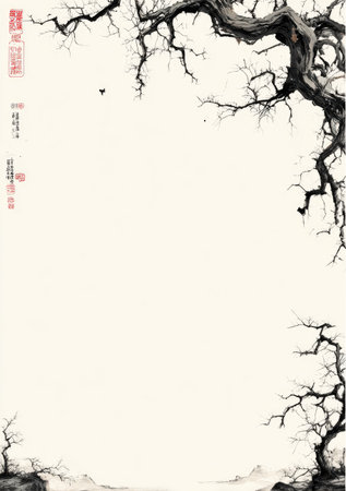 An ink wash painting depicts barren tree branches against a cream colored backdrop. The composition features a minimalist style with dark lines and a textured appearance. The artwork suggests an outdoor, possibly natural, setting with traditional artistic elements. This image could be suitable for various commercial and editorial applications.の素材