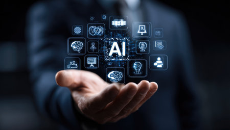 A man's hand supports a glowing AI graphic surrounded by multiple icons representing different aspects of technology and digital communication. The image features a dark background, a shallow depth of field, and a focus on the hand. Its general context appears to be a business environment. It may be suitable for illustrating technological innovation or corporate strategy.の素材