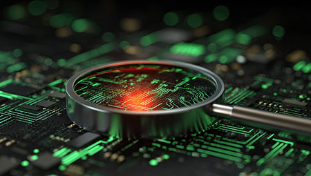 A close-up view presents a magnifying glass hovering over a green and black circuit board. The image highlights electronic components, intricate lines, and a futuristic aesthetic. This image conveys the concepts of technology and investigation, and may be used in various commercial or editorial contexts.の素材