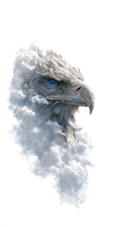 An eagle's head, predominantly white and gray, is framed by soft, swirling clouds. The image displays a stylized aesthetic, with the eagle's distinctive features and captivating blue eyes. The composition uses a clean white background, providing space for potential commercial and editorial applications, offering versatility in design and communication.の素材