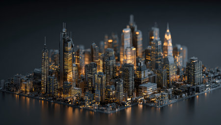 A miniature cityscape stands out against a dark backdrop. The buildings, detailed and metallic, are illuminated by warm, inviting lights. The composition is likely digitally created, with a shallow depth of field. Suitable for concept illustrations, presentations, or various commercial projects seeking a futuristic feel.の素材