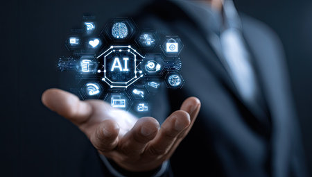 A person in a dark suit presents a glowing artificial intelligence concept. It shows a central AI symbol surrounded by numerous digital icons. The composition utilizes a shallow depth of field against a dark backdrop. This visual could be useful for illustrating technology, innovation, and digital concepts.の素材
