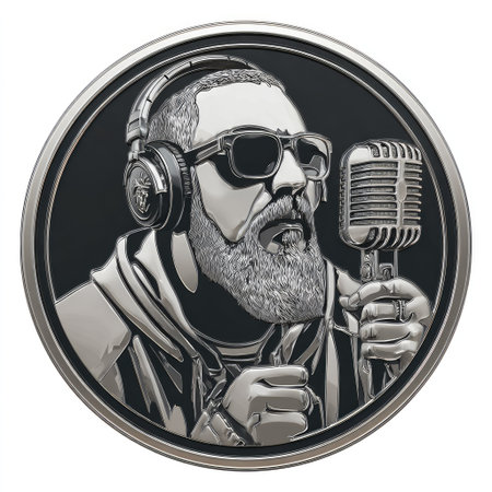 An illustration depicts a man with a full beard wearing headphones and sunglasses, speaking into a vintage microphone. The image utilizes a metallic color palette, with a circular composition and a dark background. This artwork's style may suit various uses, including promotional material or editorial content, suggesting recording or audio-related themes.の素材