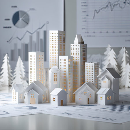 A miniature cityscape crafted from white paper sits on a surface, with additional paper trees and financial charts in the background. The scene is illuminated by soft lighting, suggesting an indoor setting. This composition could be utilized in commercial projects, presentations, or editorial content related to business or finance.の素材