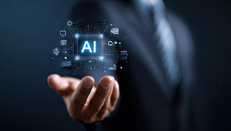 A man's hand supports a glowing digital graphic depicting AI technology. The image showcases a central processor with the letters AI, surrounded by icons. The color scheme is predominantly blue and black, the lighting appears to be focused. This image could be used for various purposes, including articles about technology and business.の素材