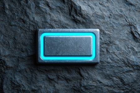 A close-up view displays a rectangular metallic object with an illuminated blue frame. The object rests on a dark, textured surface, possibly stone. The lighting suggests a studio environment. This image could be suitable for technology presentations, graphic design elements, and various commercial projects.の素材