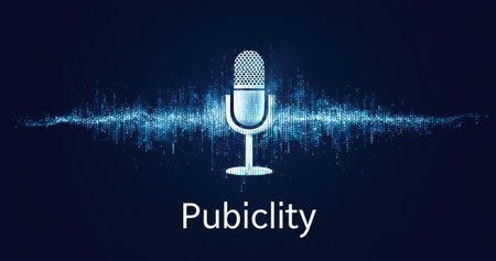 A silver microphone is centered on a dark blue background, with sound wave-like patterns emanating outwards. The composition uses a digital art style. The lighting appears soft and even. This image could be used for various media related to audio, communication, and advertising.の素材