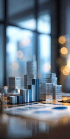 A close-up shot presents a miniature cityscape model resting on a desk, complemented by charts. The composition showcases cool blue tones and selective focus, enhanced by a blurred background with soft bokeh. Suitable for representing finance, urban planning, or illustrating business concepts, the image offers versatility for various applications.の素材