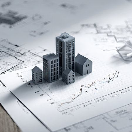 This image features miniature building models arranged on architectural blueprints. The composition also includes charts and graphs, suggesting concepts such as real estate, development, or urban planning. The grayscale color palette, with subtle shadows, gives the image a professional and illustrative quality. Suitable for business, design, and educational purposes.の素材