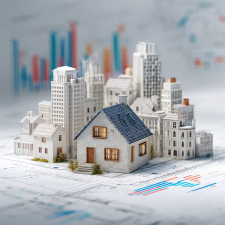 A miniature city model is presented with financial charts superimposed. The composition features a variety of buildings in neutral tones, set against a backdrop of colorful bar graphs and line charts. The image suggests financial planning and real estate investment. Suitable for various commercial and editorial applications.の素材