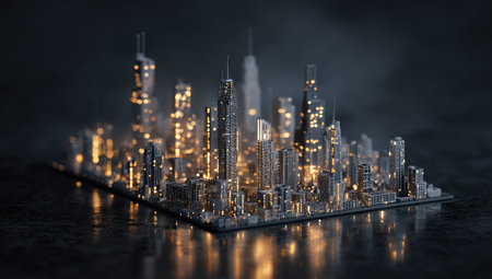 A miniature cityscape model displays tall buildings with glowing lights. The composition features a dark, moody aesthetic with a shallow depth of field, emphasizing the intricate details. This image could be used for various commercial purposes, including illustrations related to urban development or futuristic concepts. The lighting creates a contrast between the buildings and the background.の素材