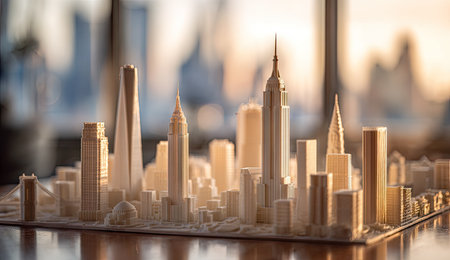 A miniature cityscape model showcases architectural structures bathed in warm light. The composition features a detailed array of buildings, with varying heights and shapes. The soft lighting suggests either sunrise or sunset. This image is suitable for use in design projects or as an illustration for concepts of urban planning.の素材