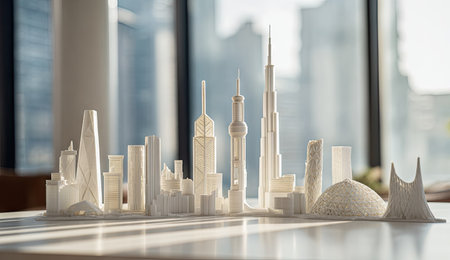 A close-up showcases a detailed white model of a city skyline, set against a blurred window view. The miniature buildings capture architectural forms, with sunlight illuminating the tabletop. This image could be used for conceptual presentations, architectural visualization, or educational content in a commercial setting.の素材