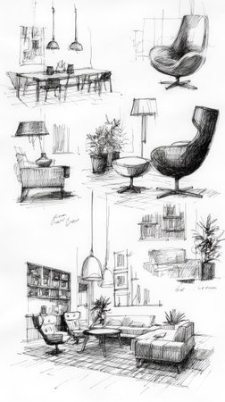 This monochrome sketch presents various interior design concepts featuring furniture layouts. The composition includes tables, chairs, lamps, and decorative plants. The style emphasizes line work, shadows, and perspective, suggesting a studio environment and possible uses in architectural or design publications.の素材