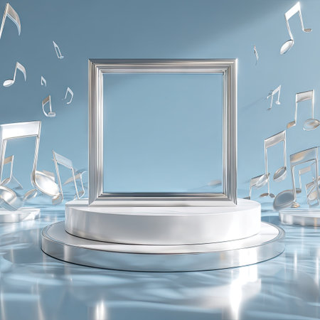 A metallic frame stands atop a cylindrical pedestal, surrounded by floating musical notes against a soft blue backdrop. The scene employs a minimalist style with reflective surfaces and cool tones. It suggests concepts of art, creativity, and performance, suitable for commercial or artistic applications.の素材
