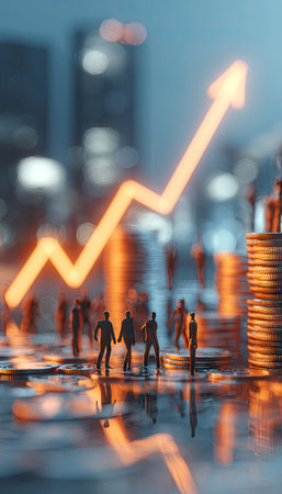 Miniature human figures gather around stacks of coins, gazing up at a vibrant, illuminated arrow pointing upwards. The scene is set against a blurred background of city skyscrapers and buildings, bathed in warm and cool tones. This conceptual illustration uses creative lighting and depth of field, suitable for business, finance, or investment projects, as well as editorial content.の素材
