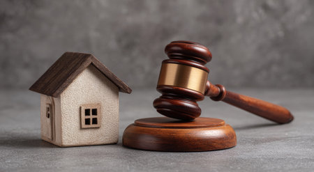 A small house model sits beside a wooden gavel, resting on a round base. The scene is illuminated with even lighting against a neutral background. The composition suggests themes of property law or real estate. Suitable for illustrating concepts related to home ownership, legal proceedings, and financial transactions. Could be used in articles and promotional materials.の素材