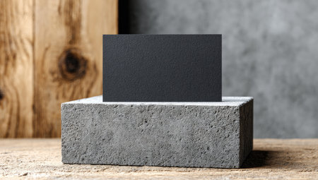 A dark business card stands on a concrete block, set against a wooden and textured gray backdrop. The composition features soft lighting that emphasizes the card and surrounding materials. The image suits various commercial applications such as advertising and branding projects.の素材