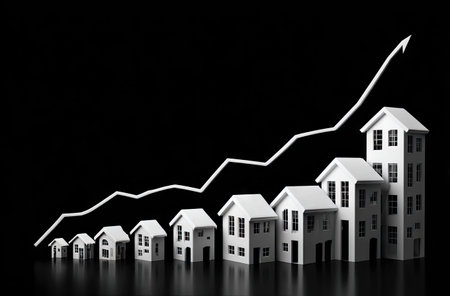 A grayscale photograph shows a series of miniature houses arranged in a row, with a white line ascending above. The houses vary in size, increasing from left to right. The background is a solid black. This visual could be used to illustrate concepts related to real estate, financial growth, or market trends.の素材