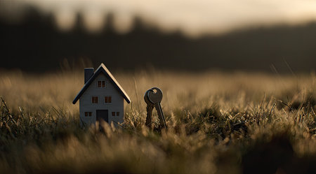 A miniature house and a set of keys are set in a grassy environment. The lighting suggests an outdoor setting during either dusk or dawn. The composition is a close-up that shows the subjects with the blurry background. It may be used to illustrate concepts related to real estate or investment.の素材