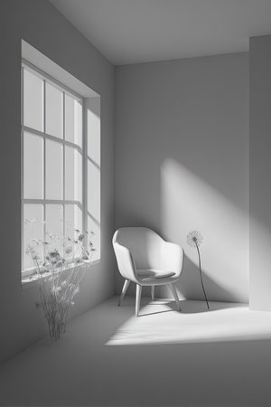 A grayscale interior scene showcases a modern chair beside a window. The image highlights minimalist design with soft lighting and shadows, suggesting a calm and serene atmosphere. The composition emphasizes simplicity and clean lines, perfect for architectural, design, or lifestyle projects.の素材