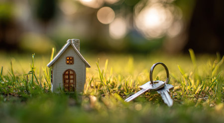 A small house model and keys are set amidst green grass, suggesting property ownership. The image features soft focus and shallow depth of field, with warm tones and natural sunlight. It is ideal for illustrating themes related to housing, real estate, and financial security. This image can be used for various commercial purposes.の素材
