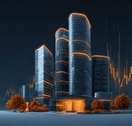 This image depicts a contemporary cityscape featuring tall, sleek skyscrapers with glowing accents. The composition showcases a dark, stylized environment with vibrant orange and blue hues. The illustration includes abstract representations of financial data. Suitable for various commercial applications, it emphasizes urban development and technological progress.の素材