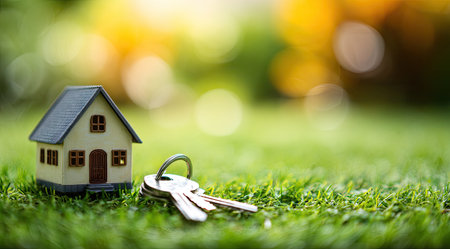A small house model and keys rest on green grass, suggesting property and ownership. The scene showcases soft lighting and a blurred background featuring natural tones. The composition is suitable for illustrating concepts of real estate, investment, and homeownership. It could be used for various commercial or editorial applications.の素材