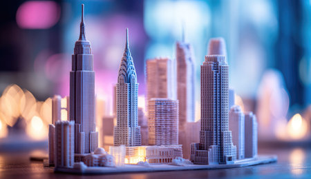 A miniature cityscape showcases various skyscrapers and buildings. The scene is illuminated by soft lighting, with a shallow depth of field. The composition suggests an indoor setting, likely day or night. This image could be used for various commercial and editorial applications, especially for architectural or urban design themes.の素材